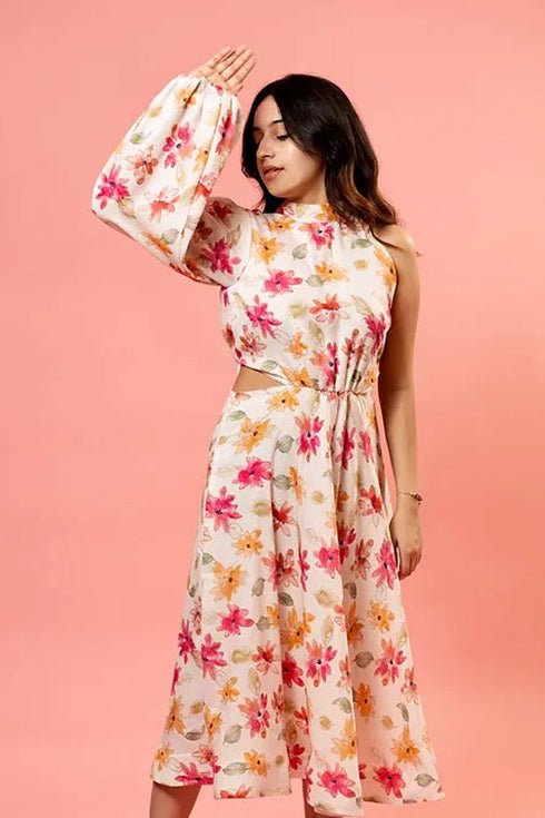 White Floral One Sleeve Midi Dress With Waist Cut